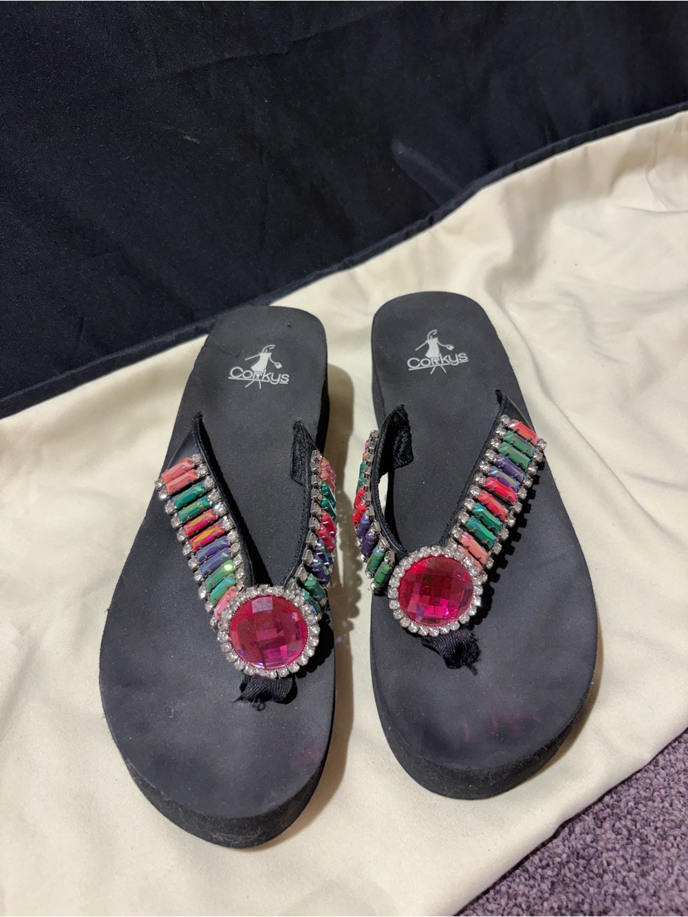 Corkys Black Flip Flops with Multicolor Beaded Straps and Pink Gem